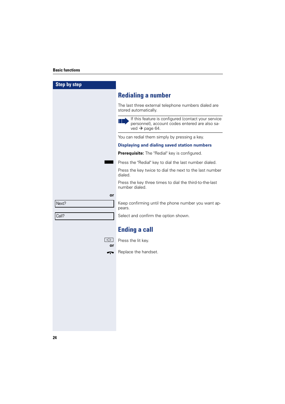 Redialing a number, Ending a call, Redialing a number ending a call | Sony HIPATH 500 User Manual | Page 24 / 113