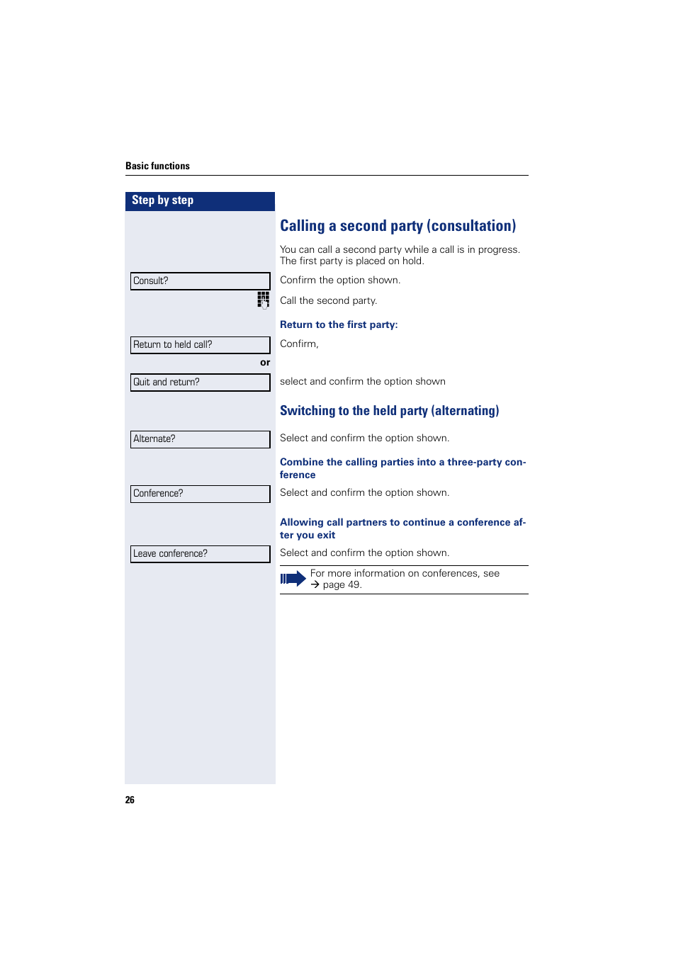 Calling a second party (consultation), Switching to the held party (alternating) | Sony HIPATH 500 User Manual | Page 26 / 113