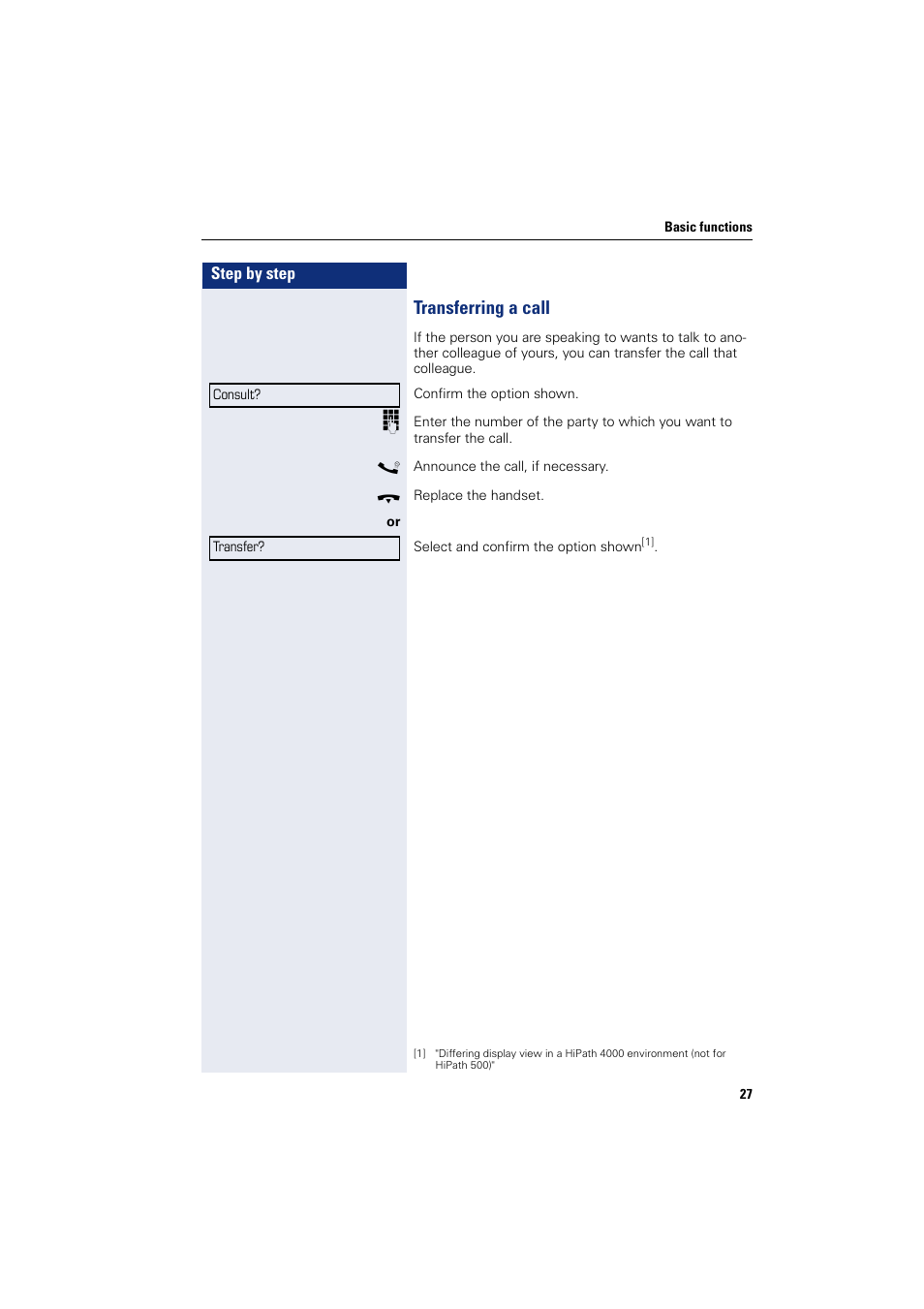 Transferring a call | Sony HIPATH 500 User Manual | Page 27 / 113