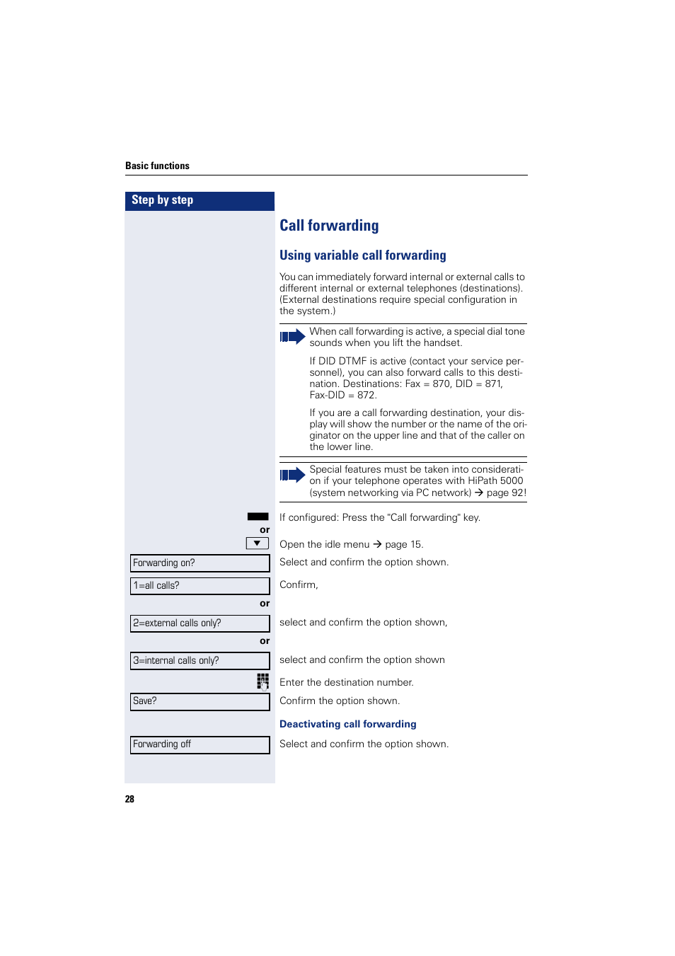 Call forwarding, Using variable call forwarding | Sony HIPATH 500 User Manual | Page 28 / 113
