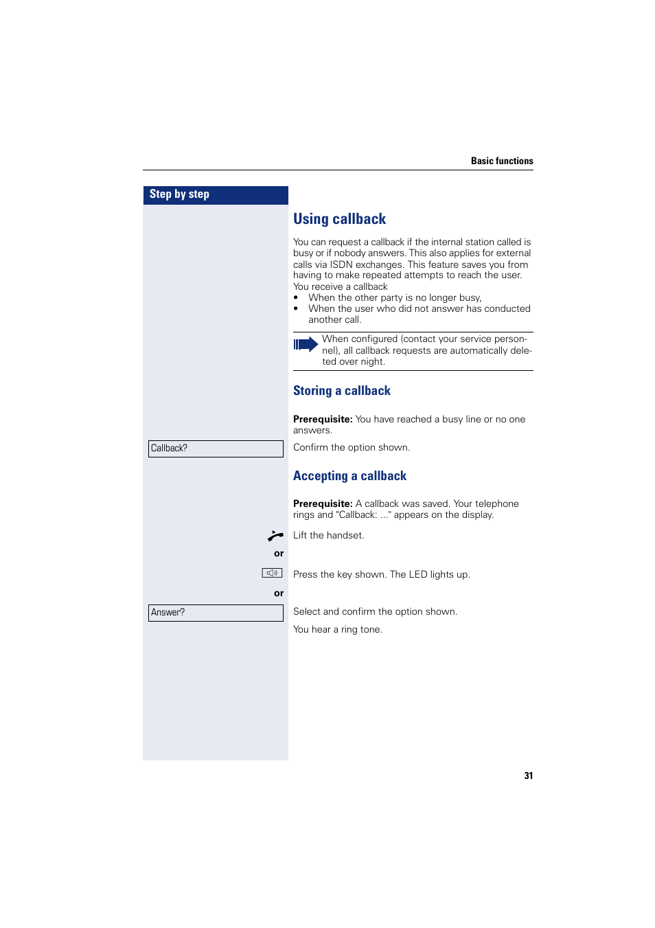 Using callback, Storing a callback, Accepting a callback | Storing a callback accepting a callback | Sony HIPATH 500 User Manual | Page 31 / 113