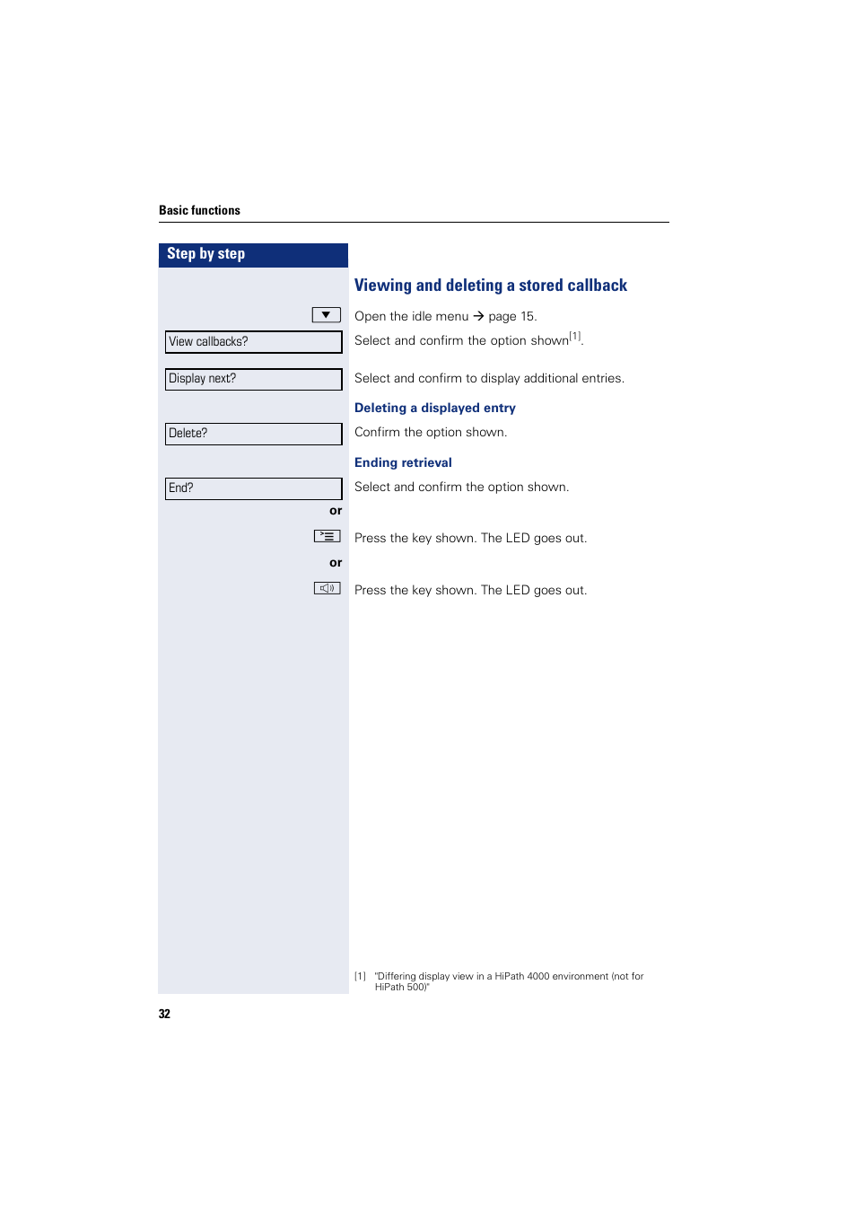 Viewing and deleting a stored callback | Sony HIPATH 500 User Manual | Page 32 / 113