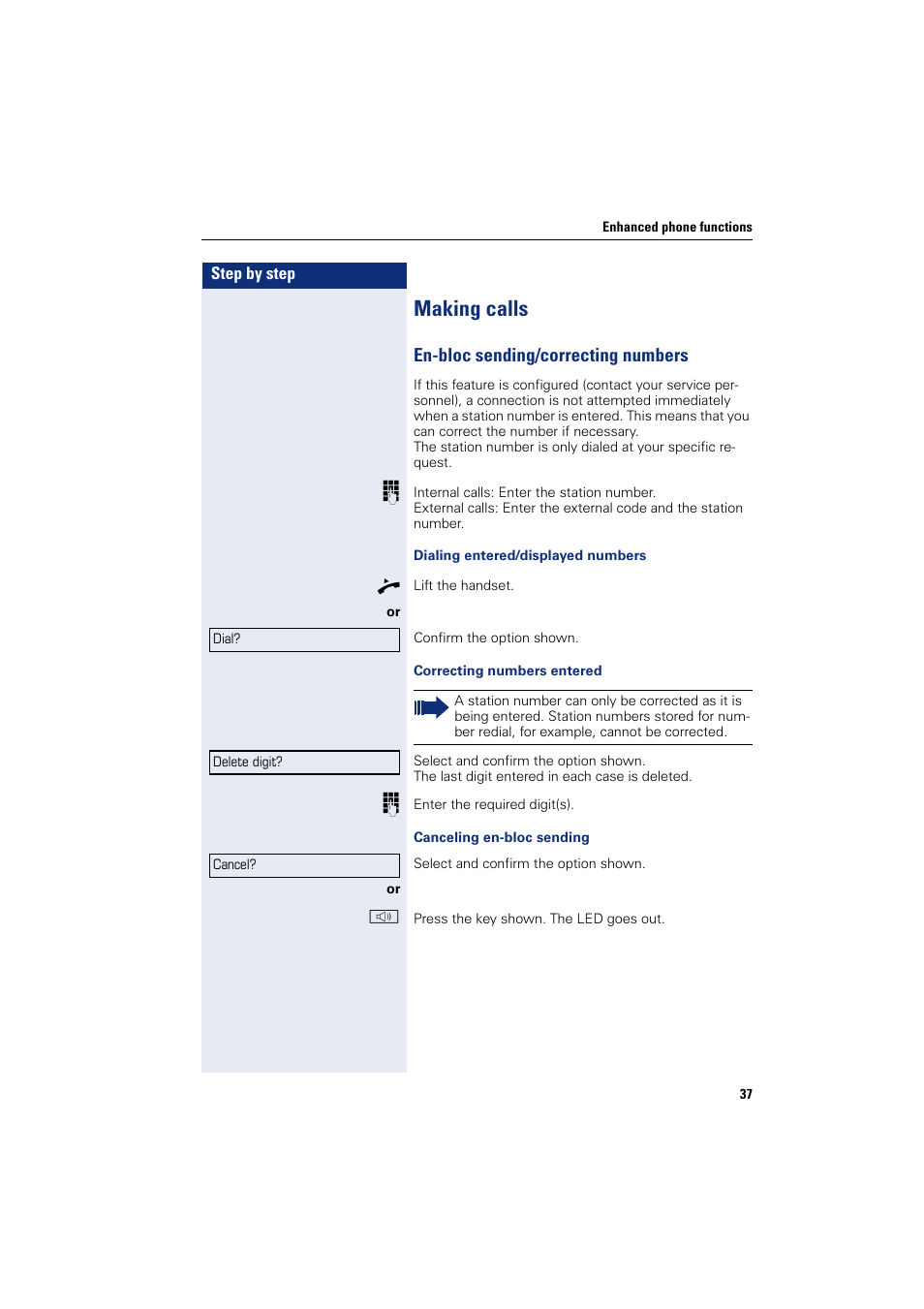 Making calls, En-bloc sending/correcting numbers | Sony HIPATH 500 User Manual | Page 37 / 113