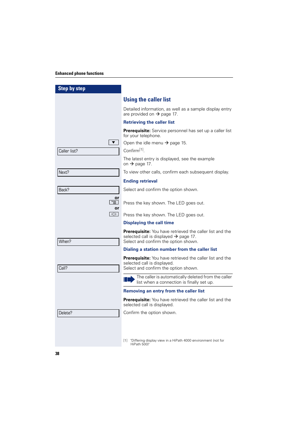 Using the caller list | Sony HIPATH 500 User Manual | Page 38 / 113