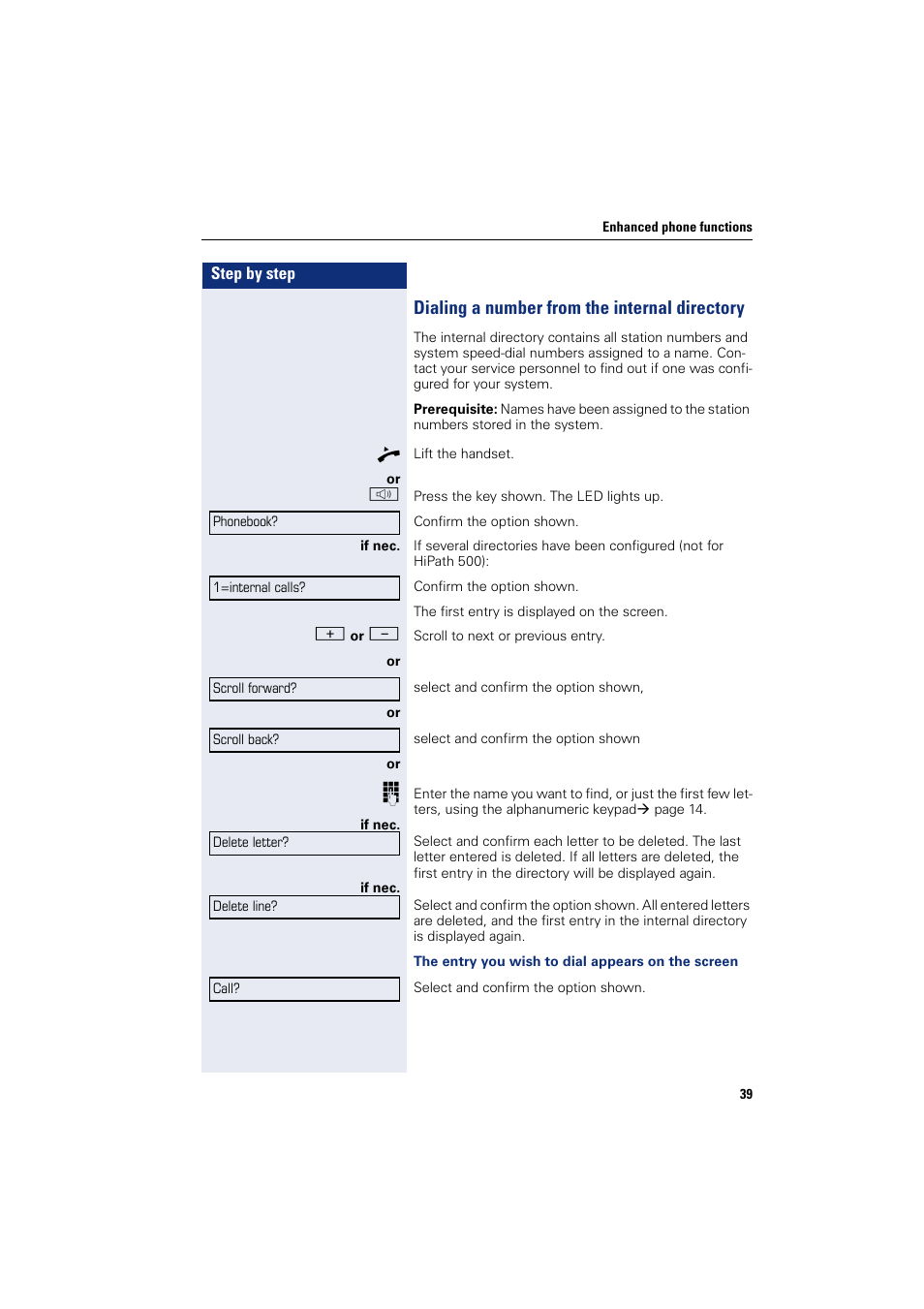 Dialing a number from the internal directory | Sony HIPATH 500 User Manual | Page 39 / 113