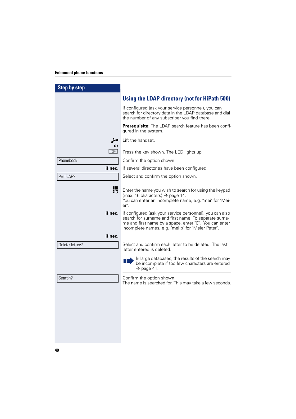 Using the ldap directory (not for hipath 500) | Sony HIPATH 500 User Manual | Page 40 / 113