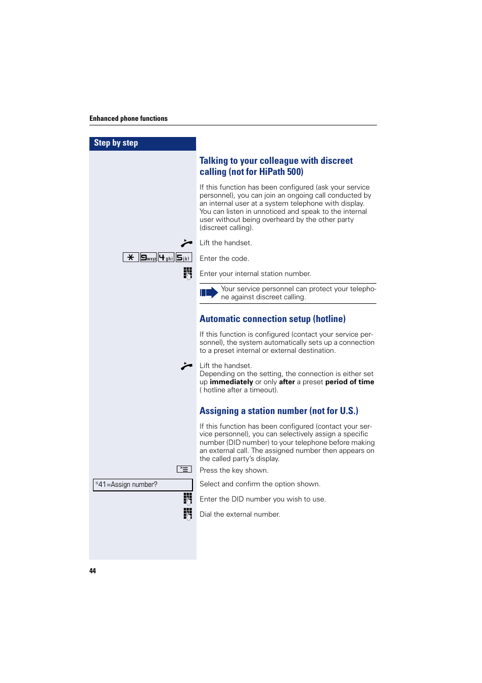 Automatic connection setup (hotline), Assigning a station number (not for u.s.) | Sony HIPATH 500 User Manual | Page 44 / 113