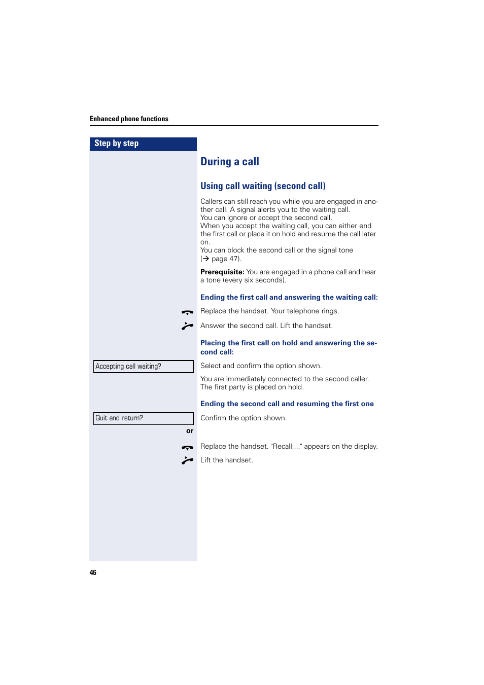 During a call, Using call waiting (second call) | Sony HIPATH 500 User Manual | Page 46 / 113