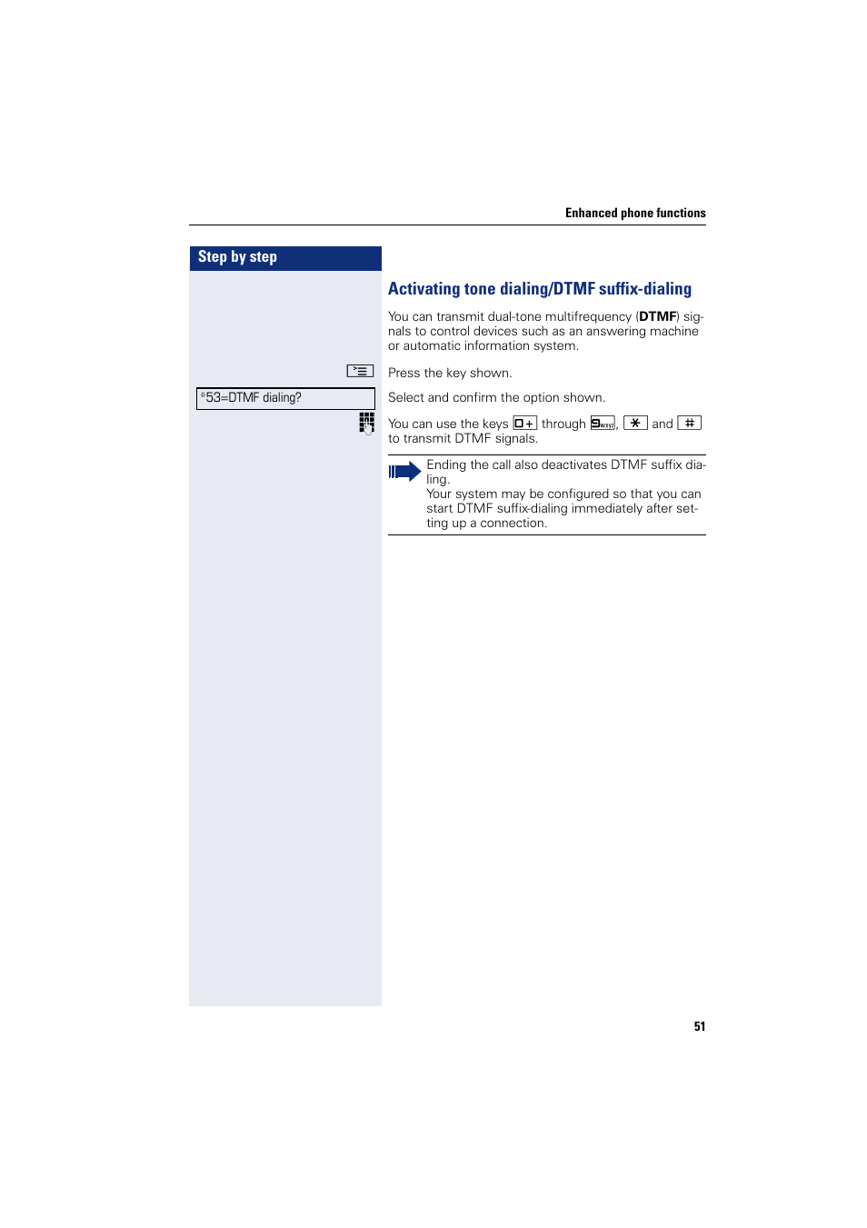 Activating tone dialing/dtmf suffix-dialing | Sony HIPATH 500 User Manual | Page 51 / 113