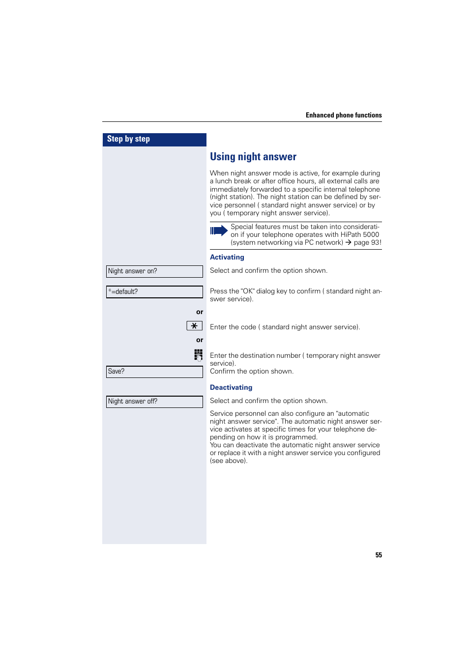 Using night answer | Sony HIPATH 500 User Manual | Page 55 / 113