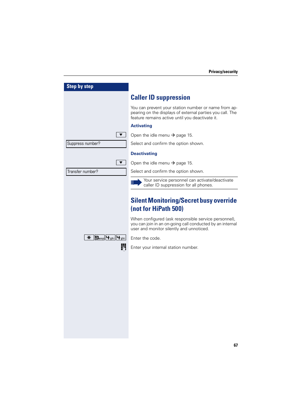 Caller id suppression | Sony HIPATH 500 User Manual | Page 67 / 113