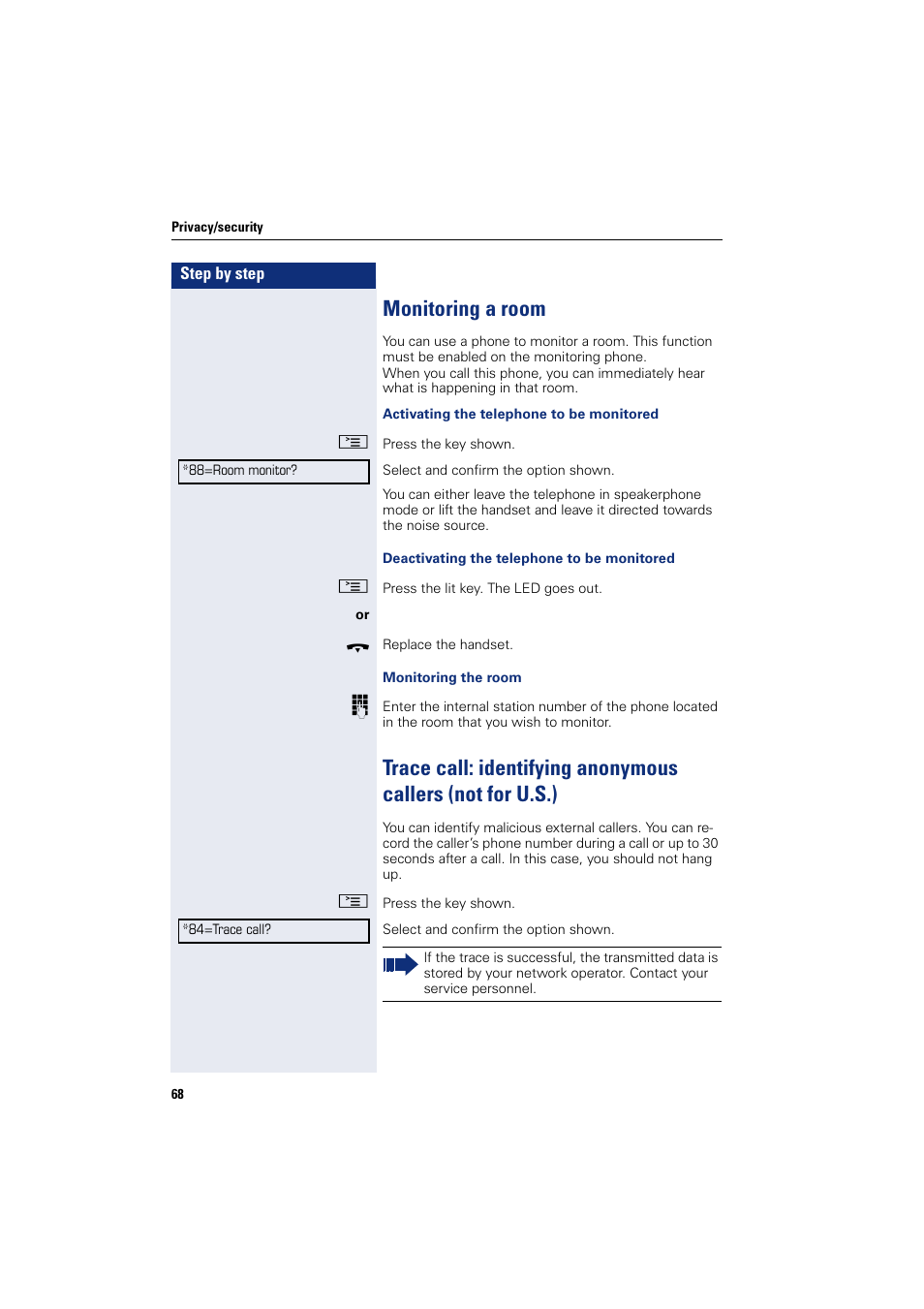 Monitoring a room | Sony HIPATH 500 User Manual | Page 68 / 113