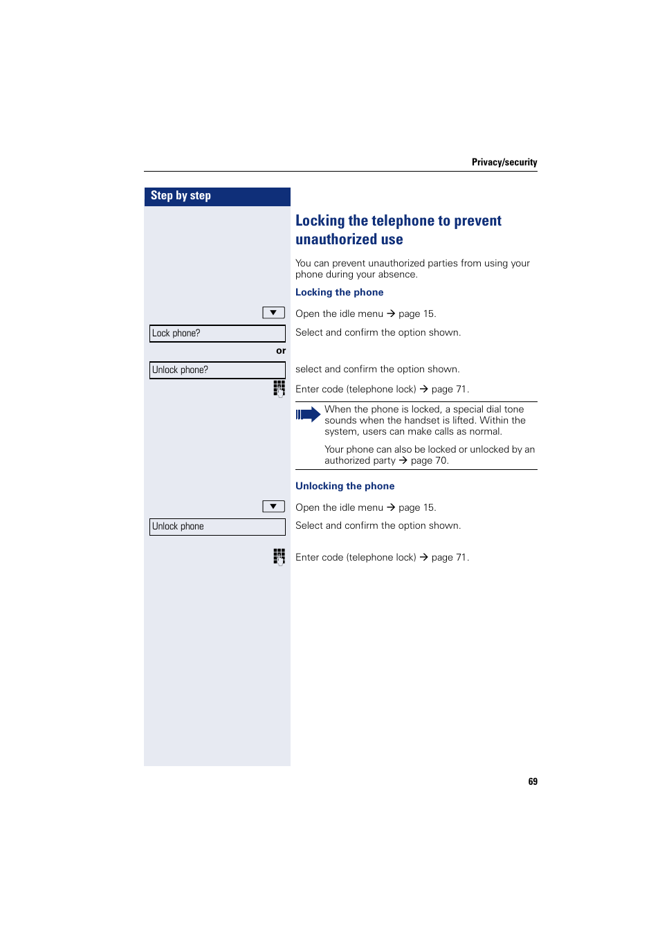 Locking the telephone to prevent unauthorized use | Sony HIPATH 500 User Manual | Page 69 / 113