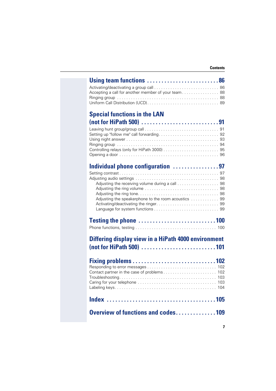 Using team functions, Special functions in the lan (not for hipath 500), Individual phone configuration | Testing the phone, Index overview of functions and codes | Sony HIPATH 500 User Manual | Page 7 / 113