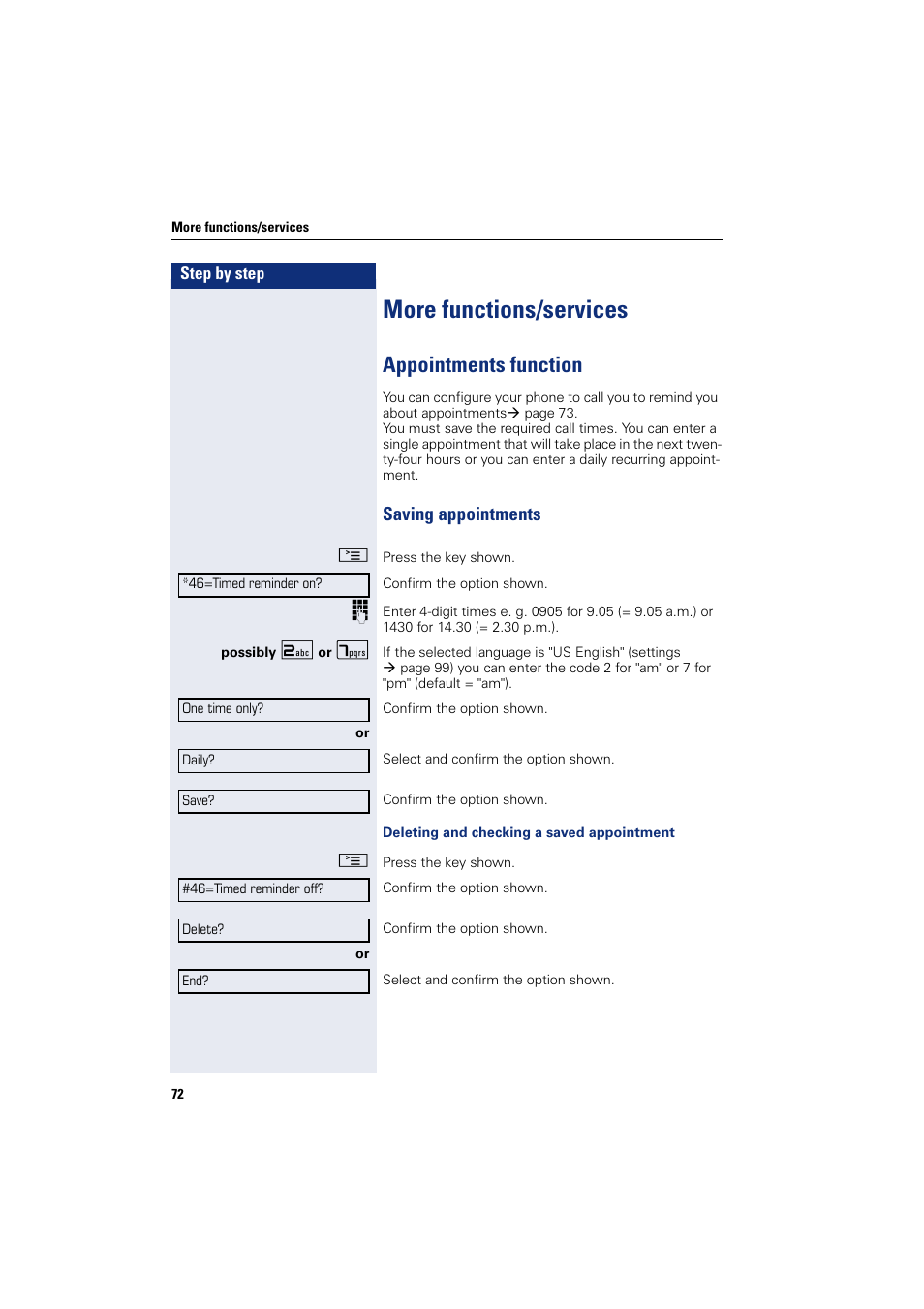 More functions/services, Appointments function, Saving appointments | Sony HIPATH 500 User Manual | Page 72 / 113
