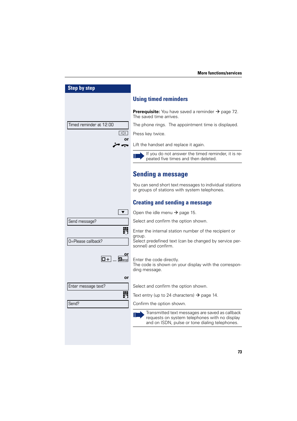 Sending a message, Using timed reminders, Creating and sending a message | Sony HIPATH 500 User Manual | Page 73 / 113