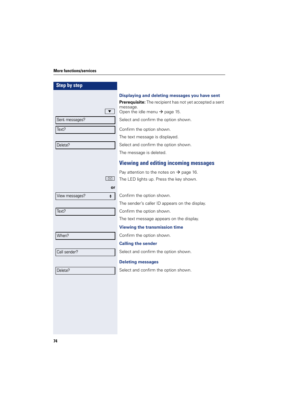 Viewing and editing incoming messages | Sony HIPATH 500 User Manual | Page 74 / 113