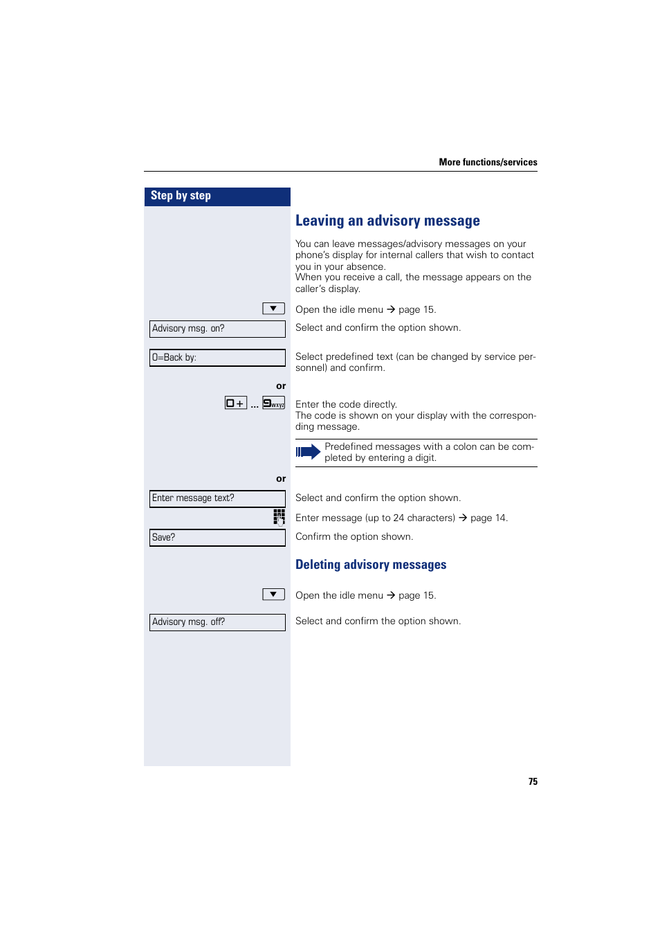 Leaving an advisory message, Deleting advisory messages | Sony HIPATH 500 User Manual | Page 75 / 113