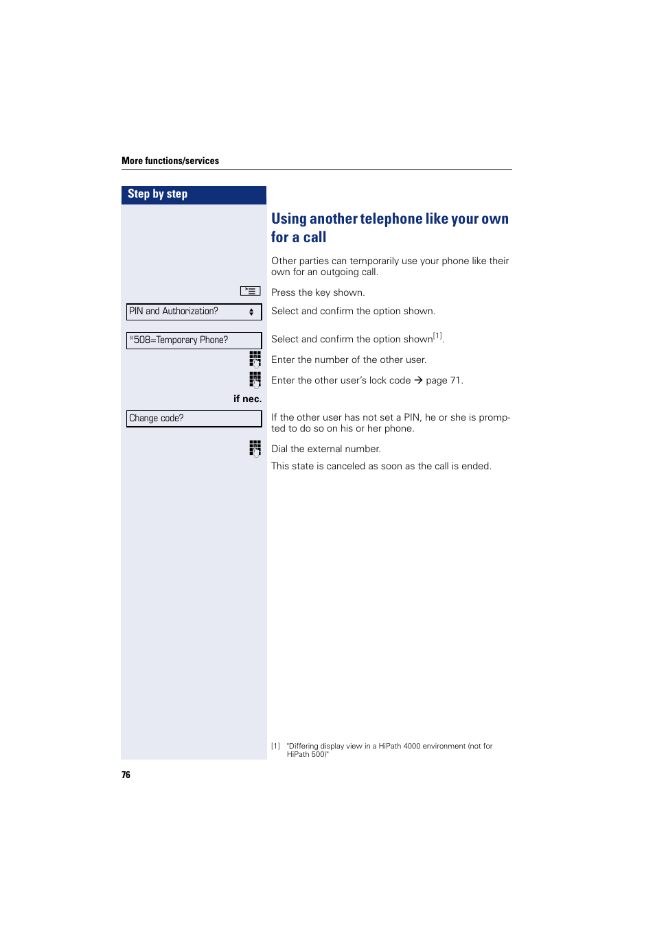 Using another telephone like your own for a call | Sony HIPATH 500 User Manual | Page 76 / 113