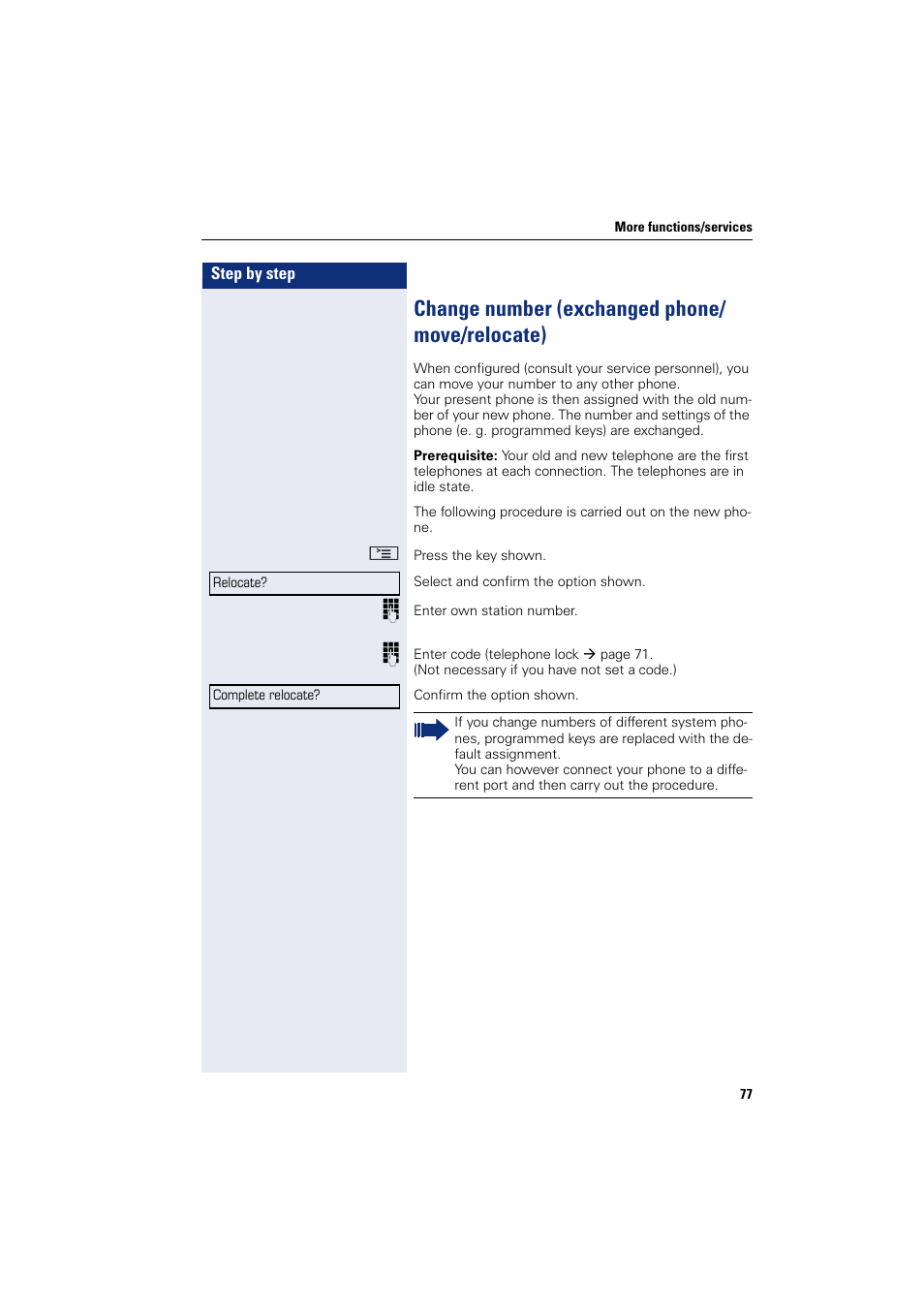 Change number (exchanged phone/ move/relocate), Change number (exchanged phone/move/relocate), Hange number | Sony HIPATH 500 User Manual | Page 77 / 113