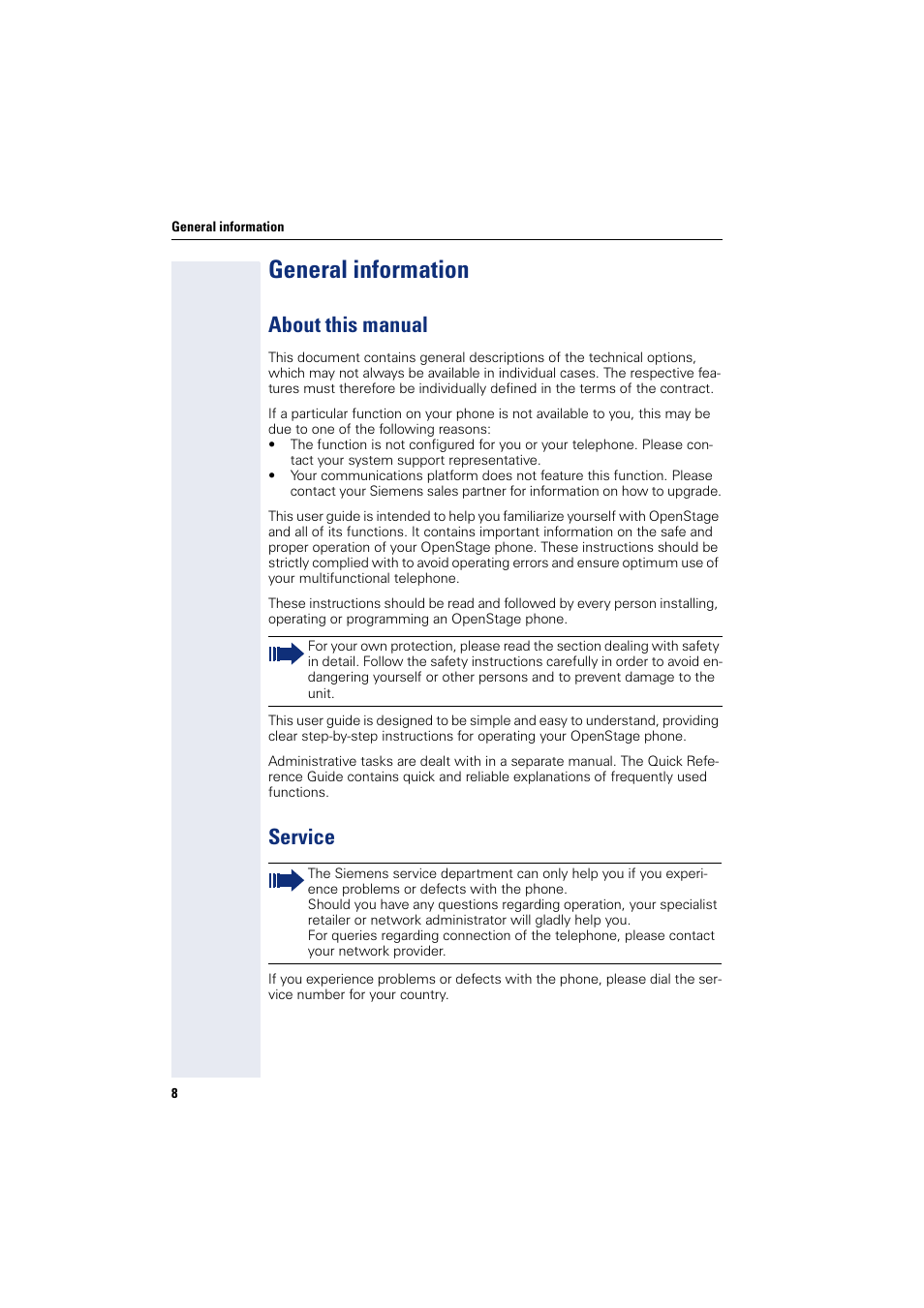 General information, About this manual, Service | About this manual service | Sony HIPATH 500 User Manual | Page 8 / 113