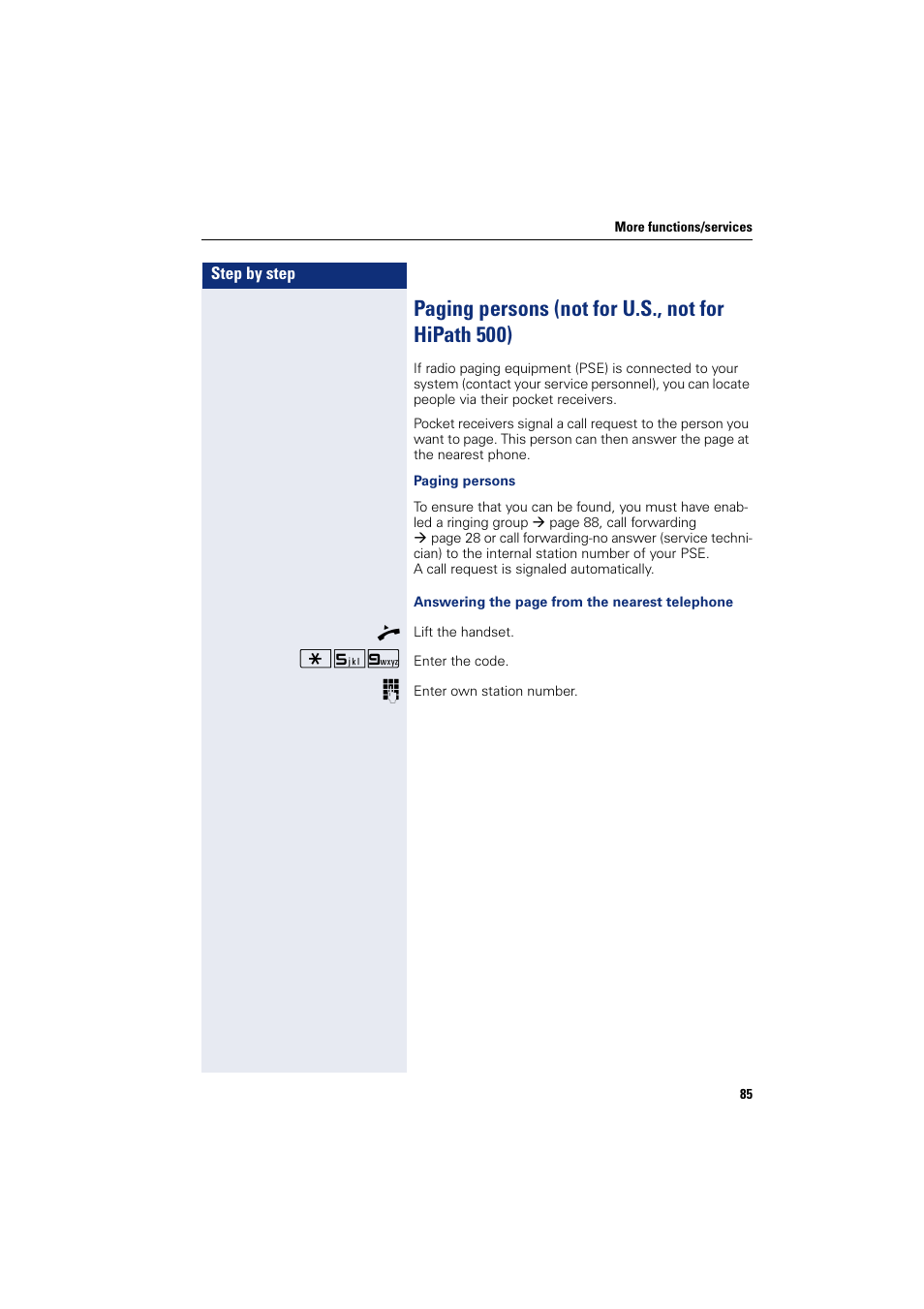 Paging persons (not for u.s., not for hipath 500) | Sony HIPATH 500 User Manual | Page 85 / 113