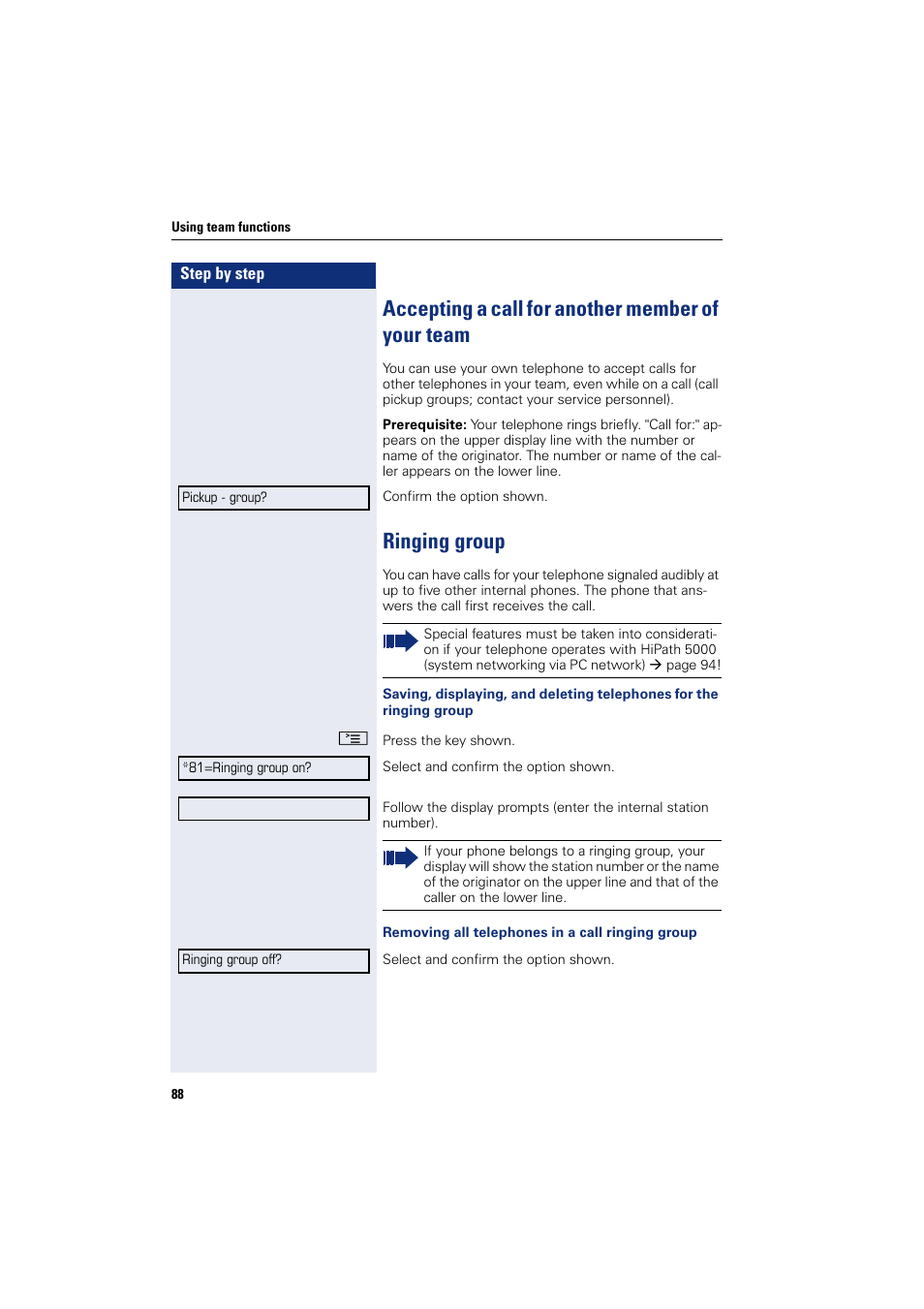 Accepting a call for another member of your team, Ringing group | Sony HIPATH 500 User Manual | Page 88 / 113