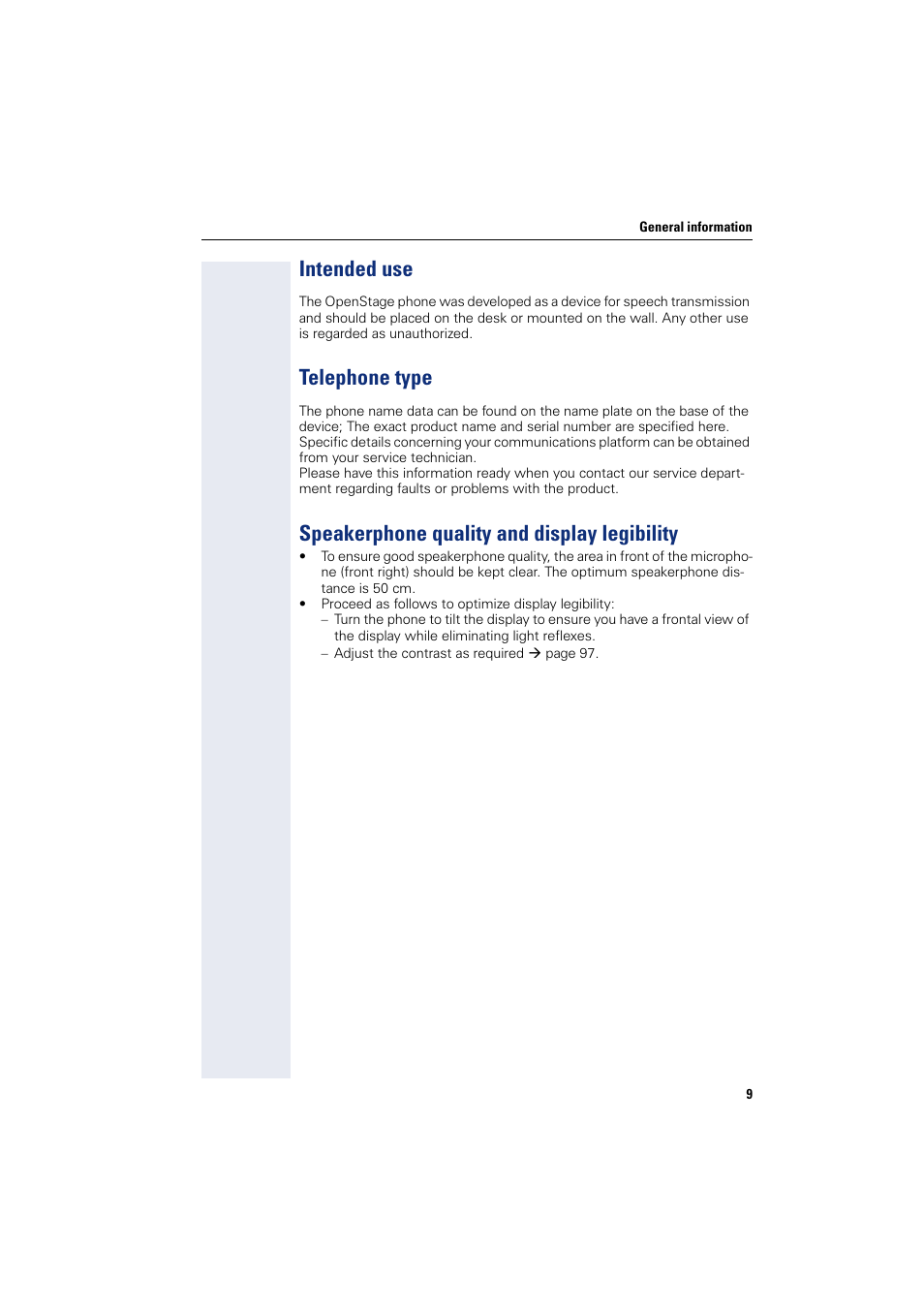 Intended use, Telephone type, Speakerphone quality and display legibility | Sony HIPATH 500 User Manual | Page 9 / 113