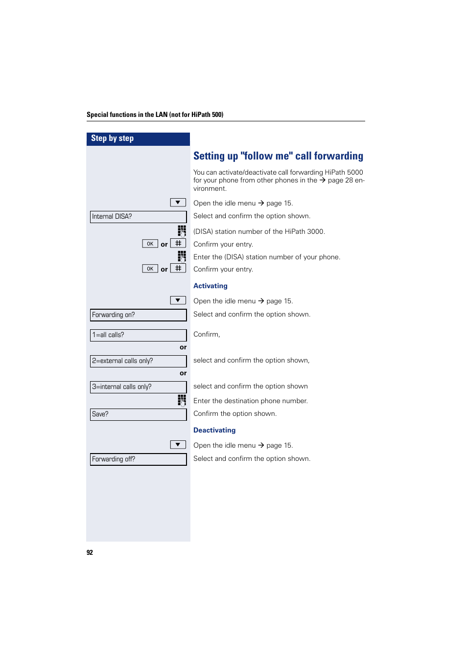 Setting up "follow me" call forwarding | Sony HIPATH 500 User Manual | Page 92 / 113