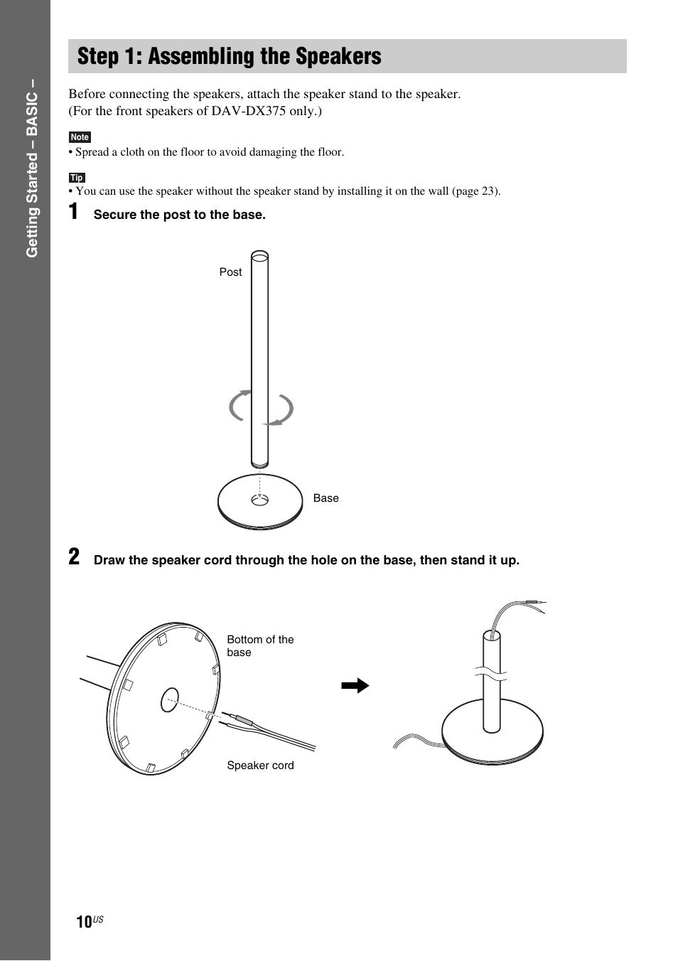 Step 1: assembling the speakers, Step 1: assembling, The speakers | Sony DAV-DX355 User Manual | Page 10 / 104
