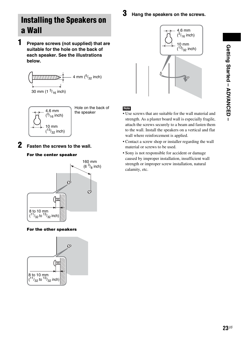 Installing the speakers on a wall, Getting star ted – ad v anced | Sony DAV-DX355 User Manual | Page 23 / 104