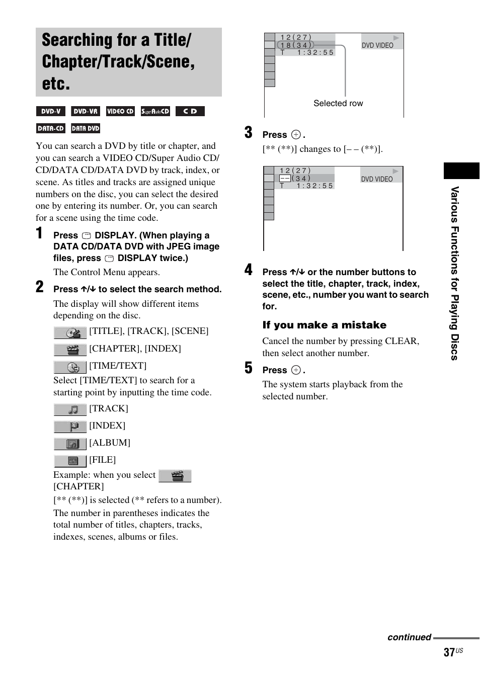 Searching for a title/ chapter/track/scene, etc, Searching for a title/chapter/track, Scene, etc | Sony DAV-DX355 User Manual | Page 37 / 104