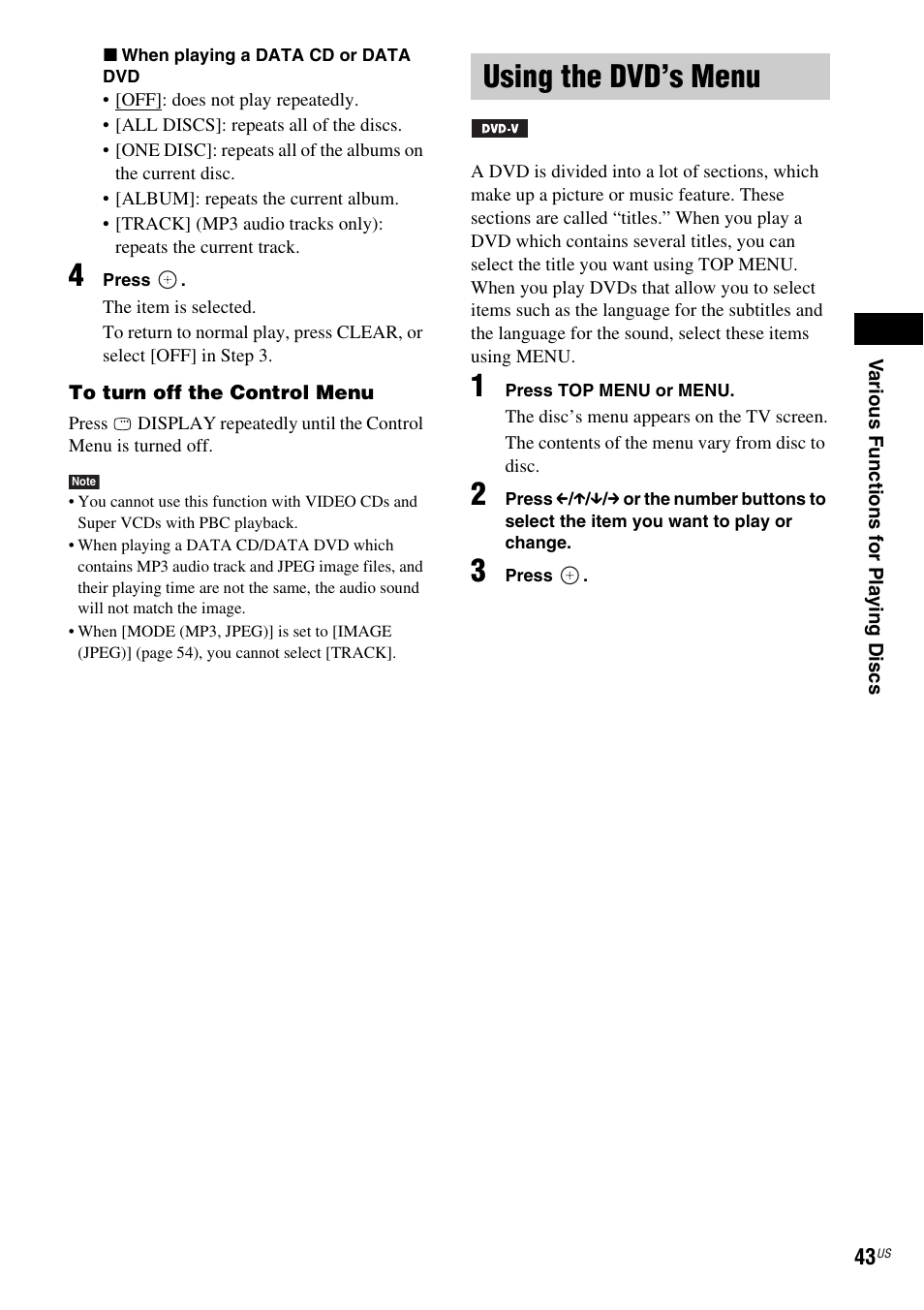 Using the dvd’s menu | Sony DAV-DX355 User Manual | Page 43 / 104