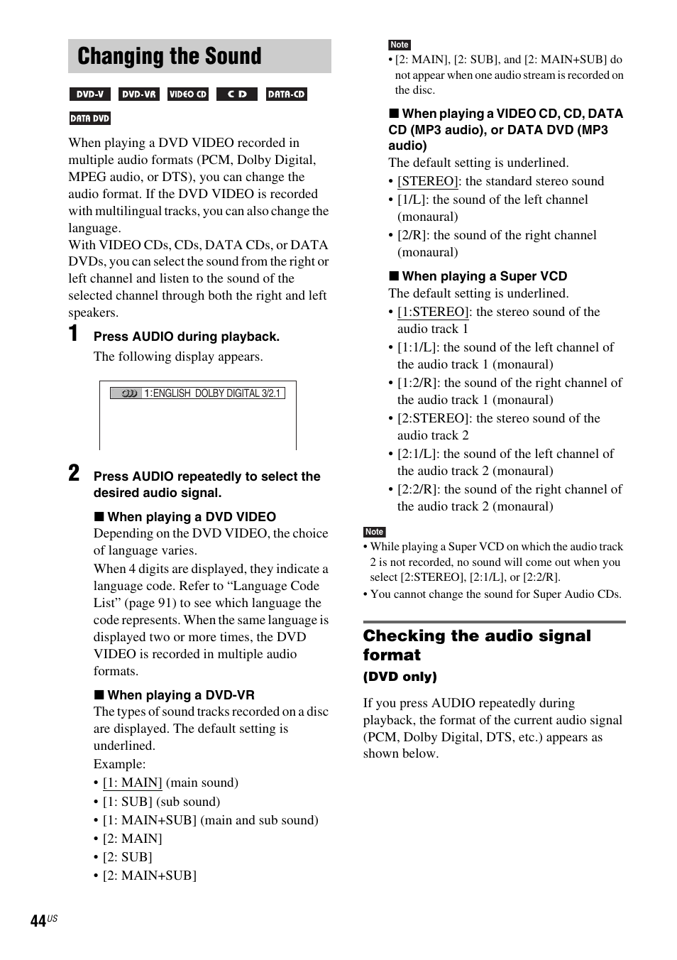 Changing the sound, Checking the audio signal format | Sony DAV-DX355 User Manual | Page 44 / 104