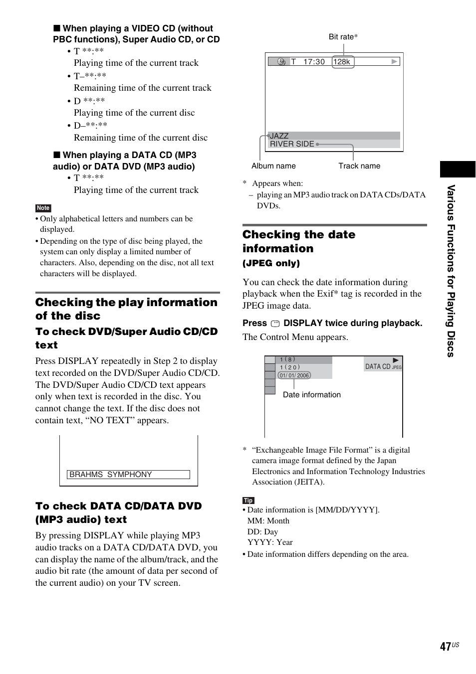 Checking the play information of the disc, Checking the date information | Sony DAV-DX355 User Manual | Page 47 / 104