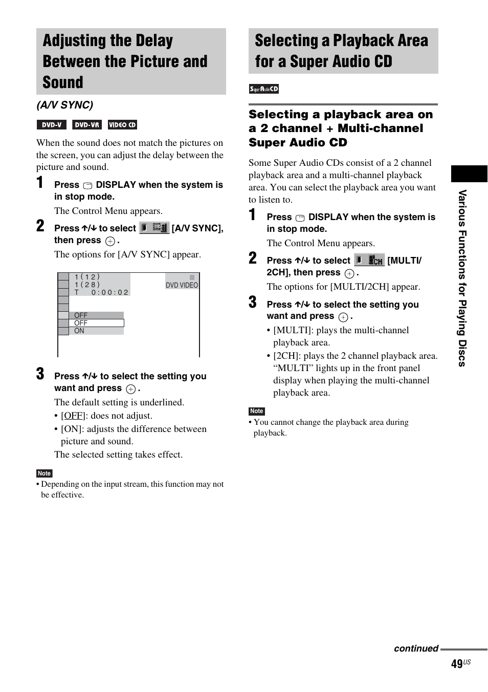 Adjusting the delay between the picture and sound, Selecting a playback area for a super audio cd, Adjusting the delay between the picture | And sound (a/v sync), Selecting a playback area for a super, Audio cd | Sony DAV-DX355 User Manual | Page 49 / 104