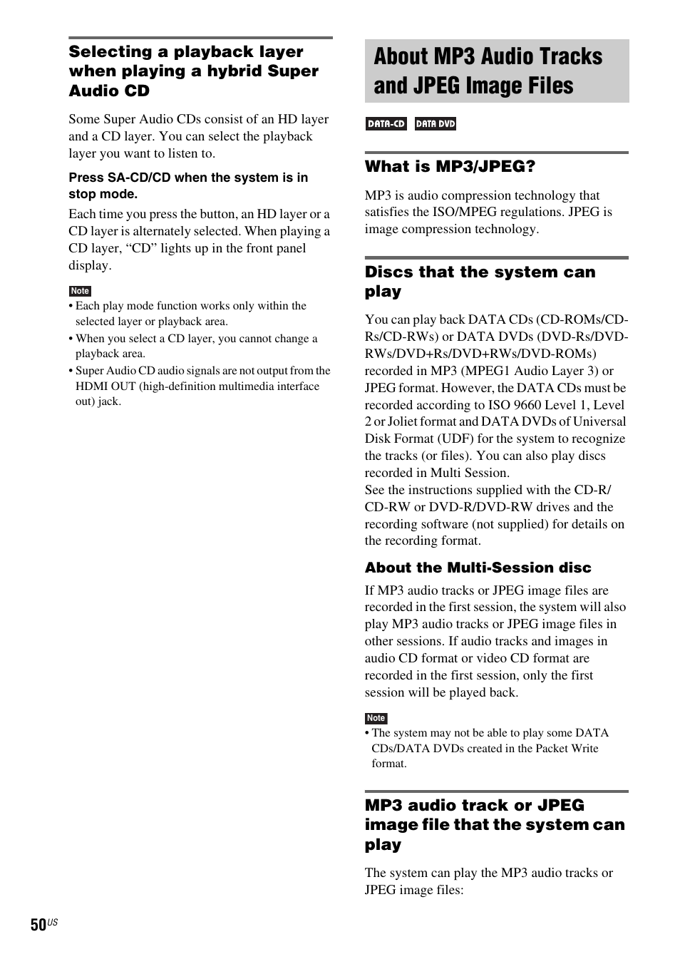 About mp3 audio tracks and jpeg image files, What is mp3/jpeg, Discs that the system can play | About mp3 audio tracks and jpeg, Image files | Sony DAV-DX355 User Manual | Page 50 / 104