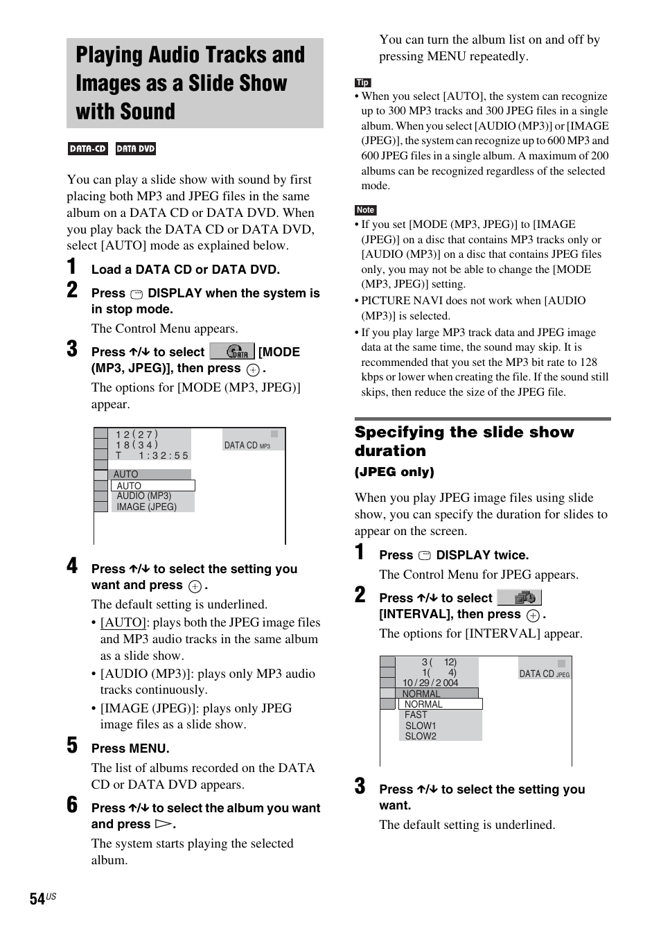 Specifying the slide show duration, Playing audio tracks and images as a, Slide show with sound | Sony DAV-DX355 User Manual | Page 54 / 104