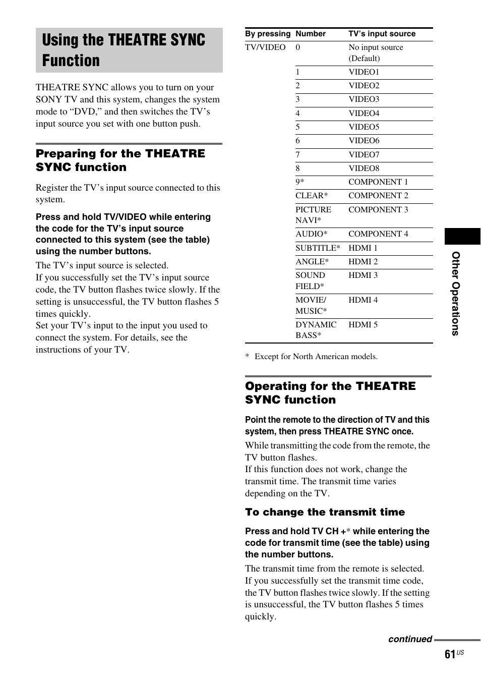 Using the theatre sync function, Preparing for the theatre sync function, Operating for the theatre sync function | Using the theatre sync, Function | Sony DAV-DX355 User Manual | Page 61 / 104
