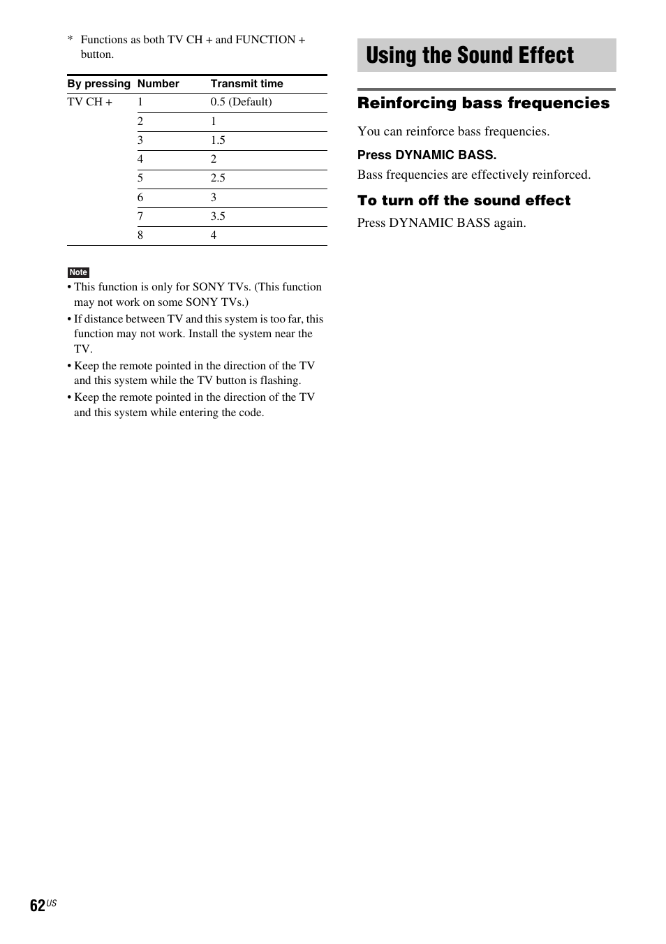 Using the sound effect, Reinforcing bass frequencies | Sony DAV-DX355 User Manual | Page 62 / 104