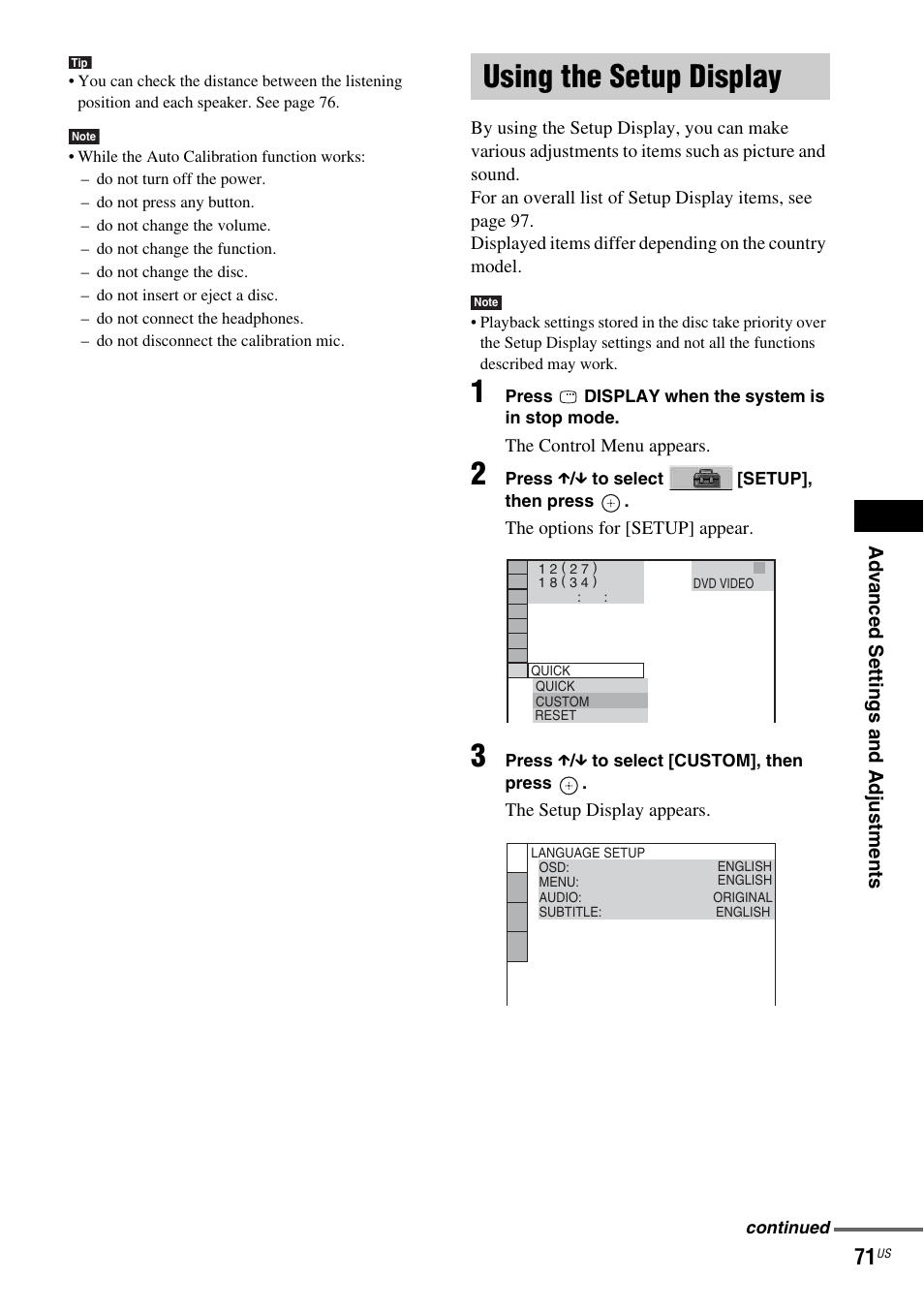 Using the setup display, Using | Sony DAV-DX355 User Manual | Page 71 / 104