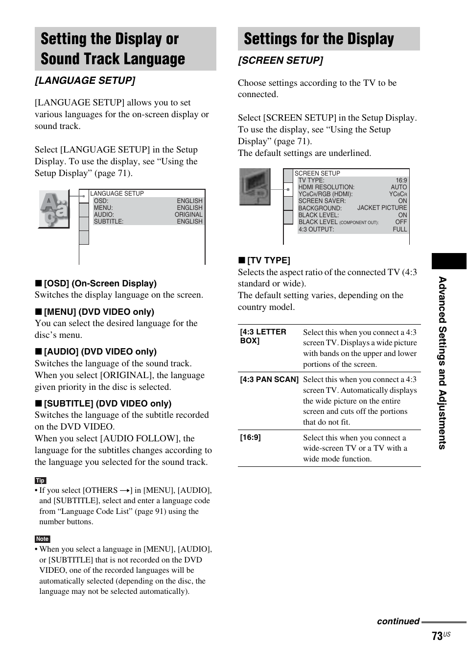 Setting the display or sound track language, Settings for the display, Setting the display or sound track | Language [language setup, Screen setup, Ad v a nc ed settings and adjus tments, Language setup | Sony DAV-DX355 User Manual | Page 73 / 104