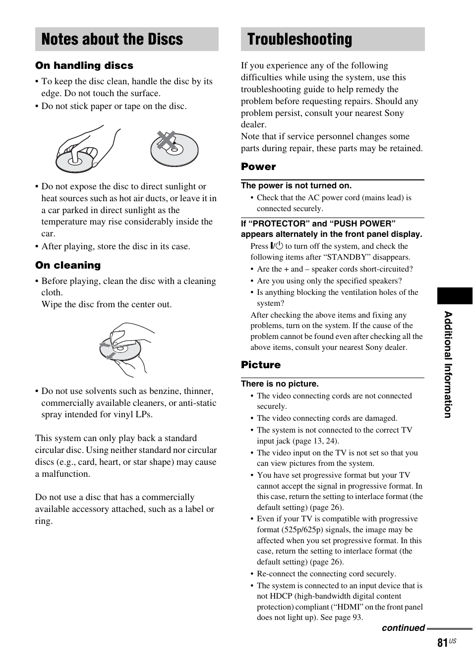 Notes about the discs, Troubleshooting, Notes about the discs troubleshooting | Sony DAV-DX355 User Manual | Page 81 / 104