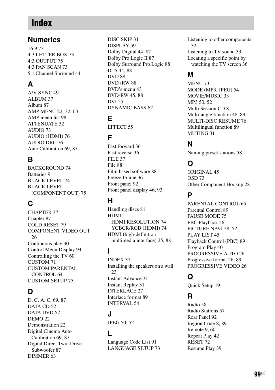 Index, Numerics | Sony DAV-DX355 User Manual | Page 99 / 104