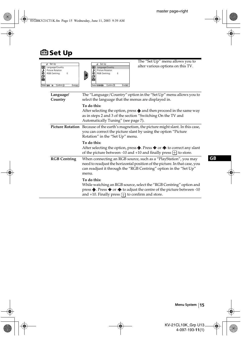 Set up | Sony KV-21CL10K User Manual | Page 15 / 128