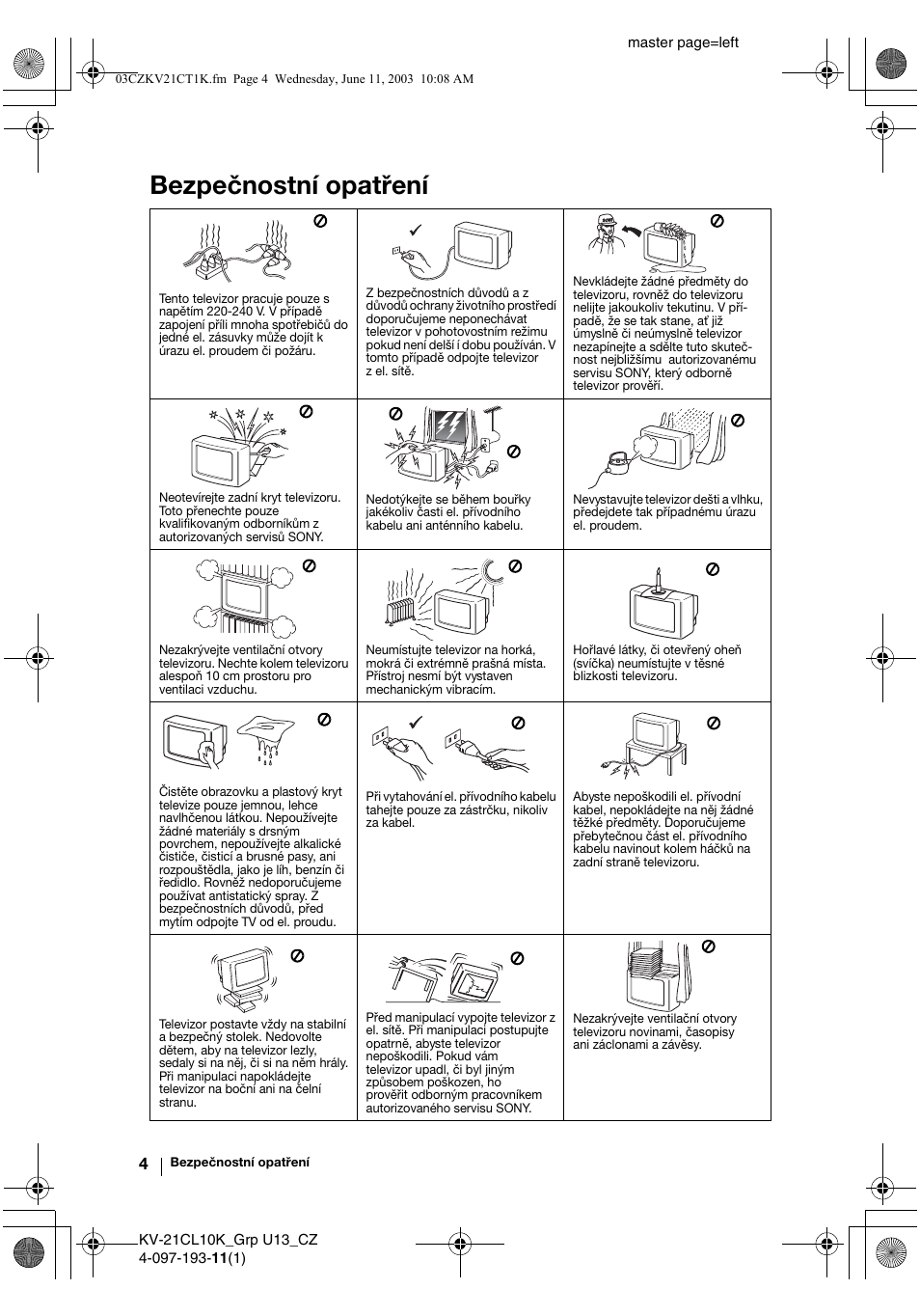 Bezpečnostní opatření | Sony KV-21CL10K User Manual | Page 40 / 128