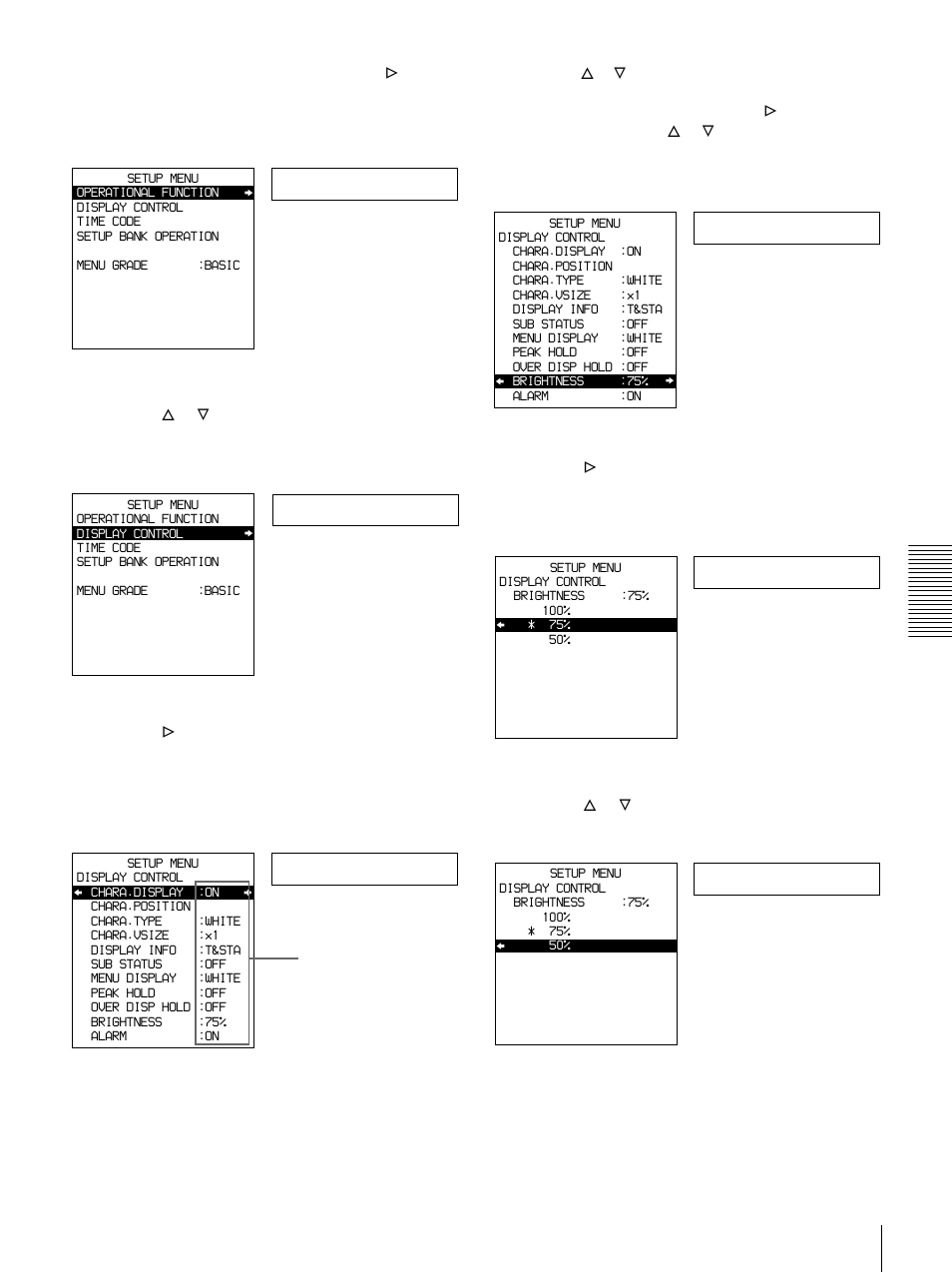 Operational, Display, Chara disp | Brightness | Sony DSR-1500 User Manual | Page 73 / 120