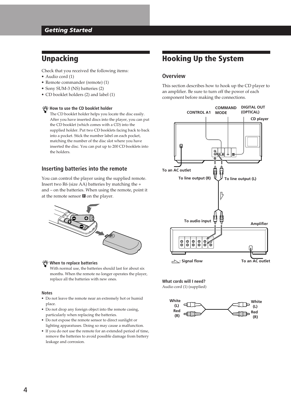 Hooking up the system, Unpacking, Getting started | Overview, Inserting batteries into the remote | Sony CDP-CX250 User Manual | Page 4 / 24