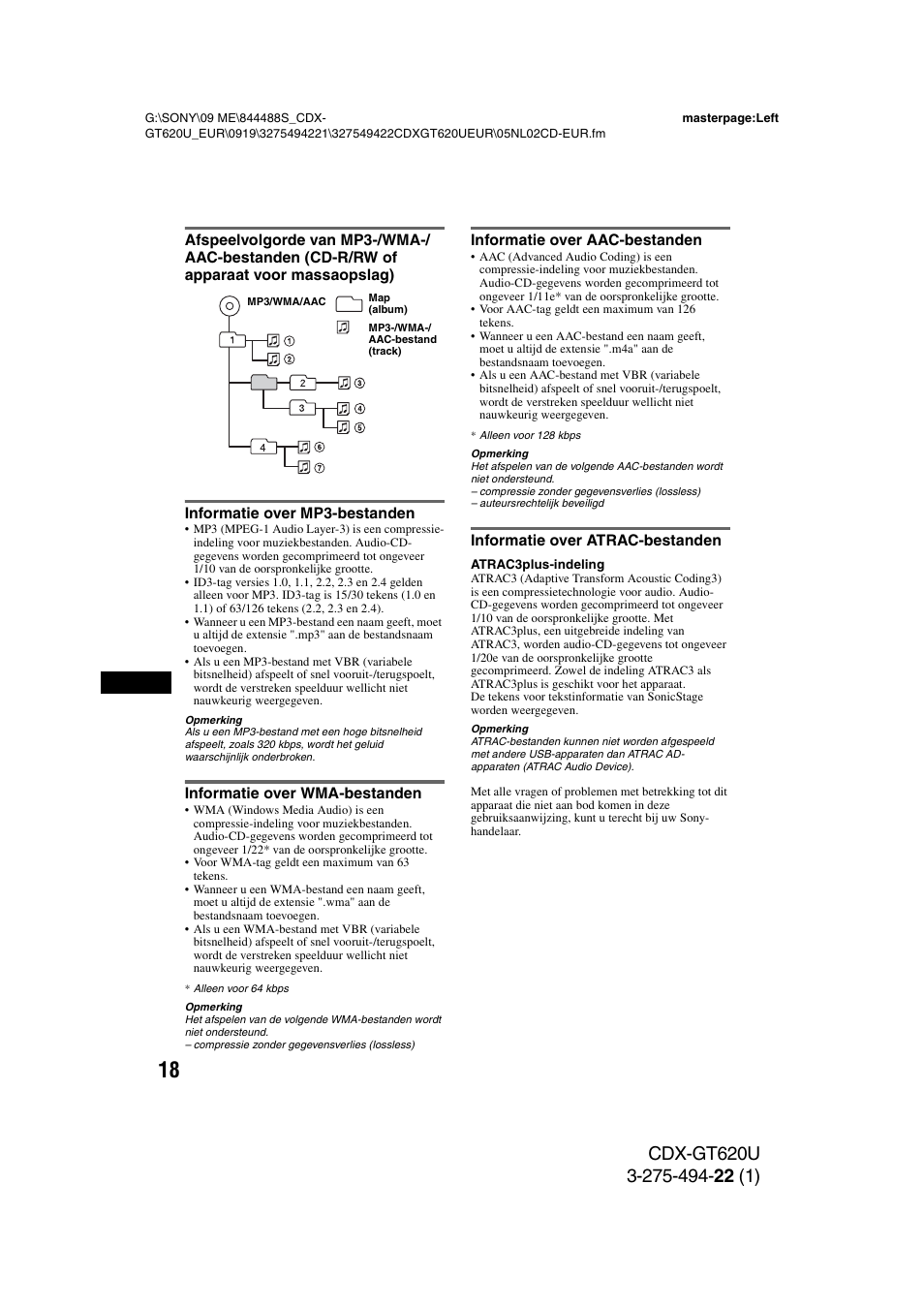 Informatie over mp3-bestanden, Informatie over wma-bestanden, Informatie over aac-bestanden | Informatie over atrac-bestanden | Sony CDXGT620U User Manual | Page 112 / 120