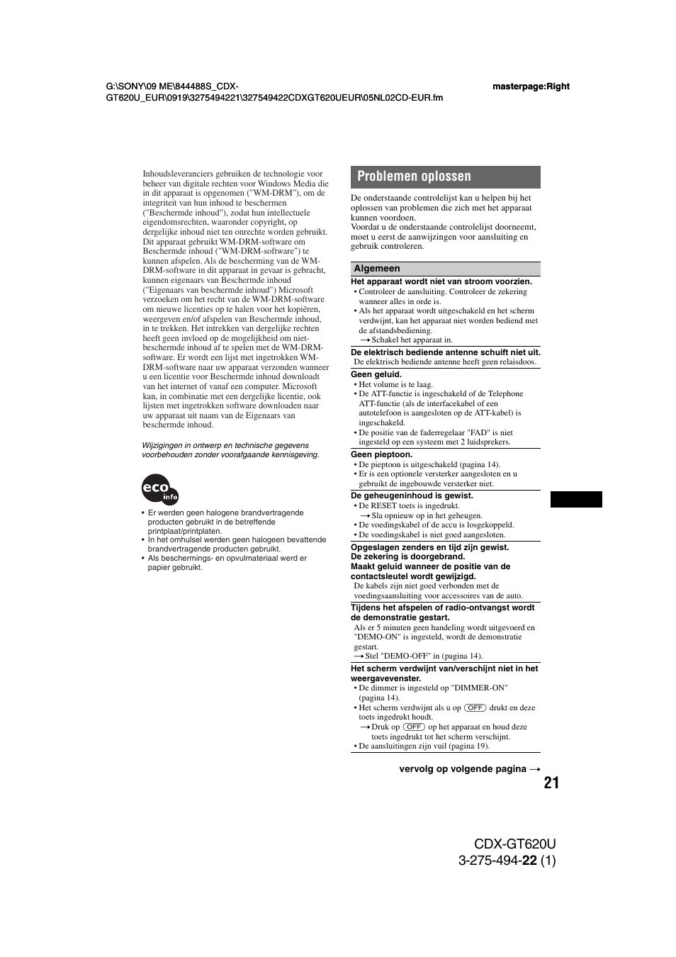 Problemen oplossen | Sony CDXGT620U User Manual | Page 115 / 120